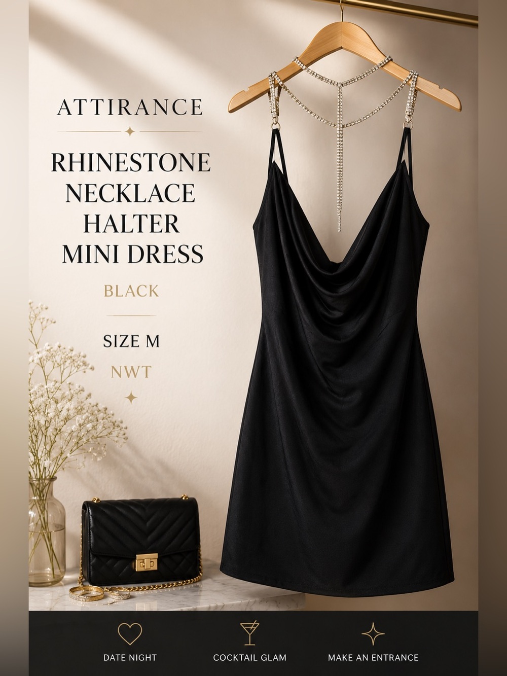 ATTIRANCE Black Rhinestone Necklace Halter Cowl Neck Mini Dress Size M